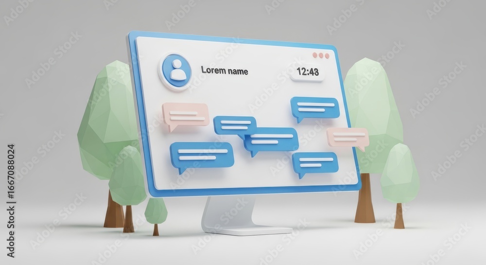 Poster 3d illustration of a computer screen displaying a social media profile with chat bubbles