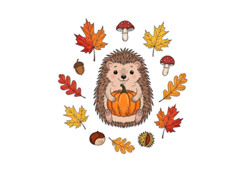 A charming hedgehog holds a pumpkin surrounded by autumn leaves, mushrooms, and nuts on a dark background.