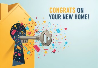 New home celebration concept with key and colorful home furniture elements for greeting card design