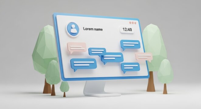 3d illustration of a computer screen displaying a social media profile with chat bubbles
