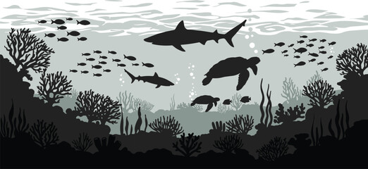 Silhouette underwater scene with sharks, turtles, coral reef and fish, black and white vector marine life illustration for ocean wildlife backgrounds © Masum Creatives