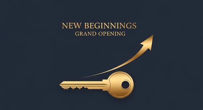 New beginnings grand opening celebration with golden key and upward arrow design for event promotion and invitations