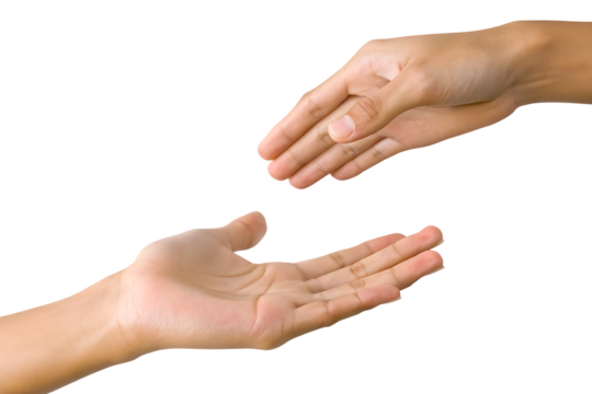 Two Open Hands Reaching Towards Each Other on Background giving isolated on a transparent background