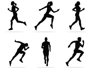 Collection of men and women running, walking and doing exercise icons. Black vector icons