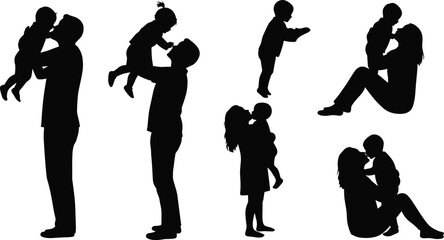 Family silhouette vector set, parents with children, mother father love, parenting concept, emotional bonding, family relationship illustration for design and print