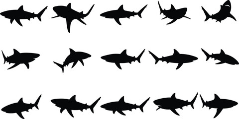 Shark silhouette vector set, marine predator illustrations, underwater ocean animals, black shark shapes for logo, design, tattoo, and educational content