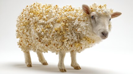 A whimsical sheep is covered in popcorn, standing in a well-lit studio. This artistic creation highlights a playful and imaginative approach to animal representation.