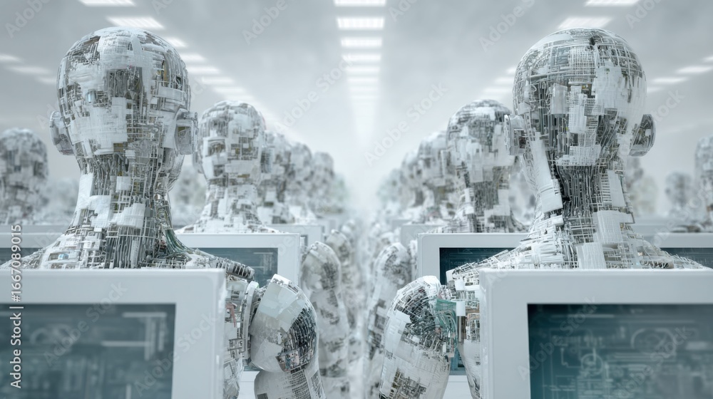 Aufkleber a group of humanoid robotic figures sits in rows at computer terminals in a high-tech facility, demo