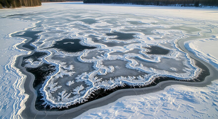 Aerial view of frozen lake with unique ice formations and snow cover