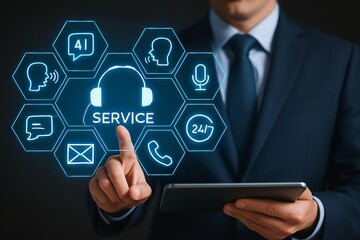 Businessman interacts with digital service icons on futuristic touchscreen interface