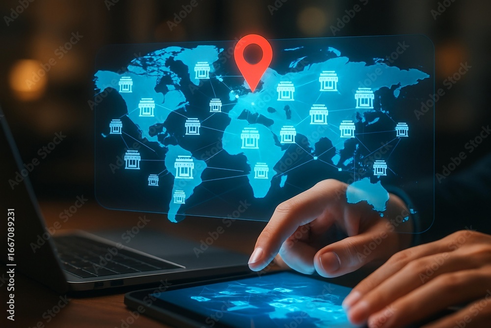 Poster person interacting with futuristic digital world map interface for global connectivity and data visu