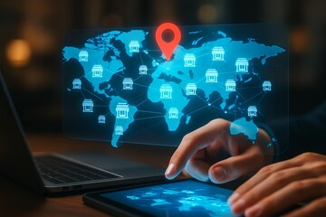 Person interacting with futuristic digital world map interface for global connectivity and data visualization