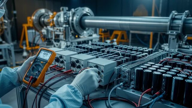 Technician calibrating voltage regulators attached to capacitor banks within a railgun assembly and testing facility.