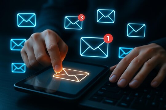 Digital communication concept person hands interacting with glowing email icons for online messaging
