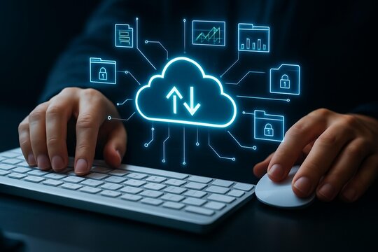 Hands typing on a keyboard and using a mouse with a digital cloud computing network overlay