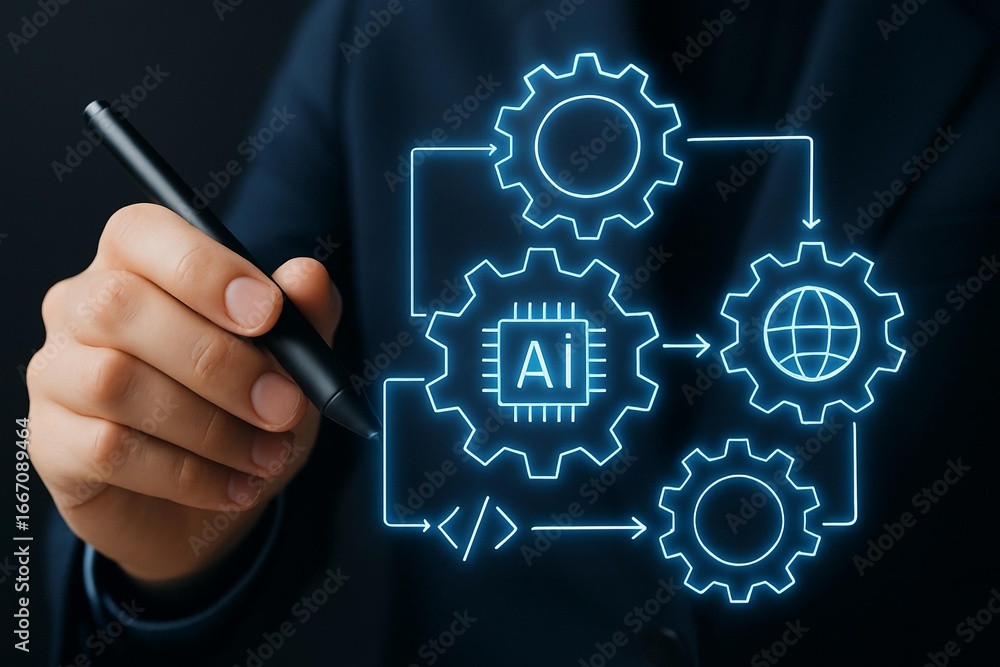 Poster hand interacting with futuristic ai and gears technology workflow diagram