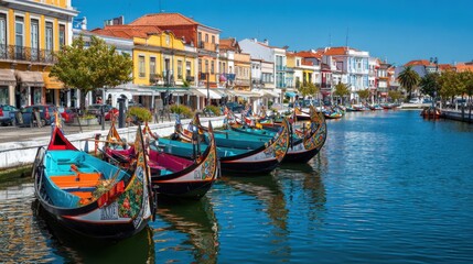 Fototapeta premium Traditional boats with intricate designs rest along the canal in a lively town in Portugal. The bright buildings and sunny weather create a picturesque scene.