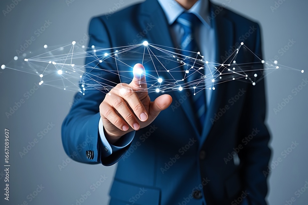Poster businessman in a suit touching a glowing digital network of interconnected lines and nodes represent