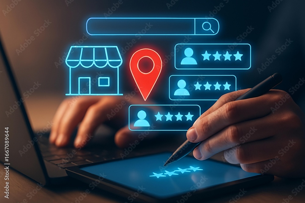 Poster digital mapping and online business presence user interacting with navigation and business listing i