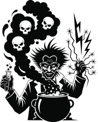Halloween characters vector art of mad scientist with crazy hair mixing potion in cauldron vector