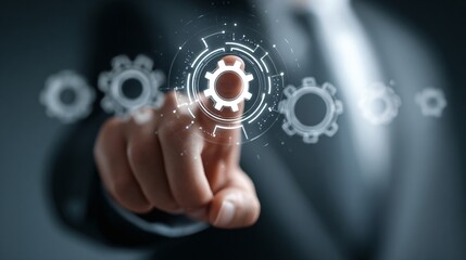 Businessman hand pressing digital gear interface technology innovation futuristic business concept strategy solution system management