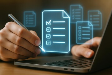 Digital checklist task management on laptop with glowing icons and person writing