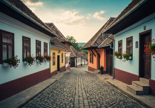 Cobblestone Street Lined with Colorful Traditional European Village Houses - Powered by Adobe
