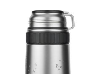 A close-up view of a modern, sleek, stainless steel water bottle with a dark gray rubberized grip on the middle section.