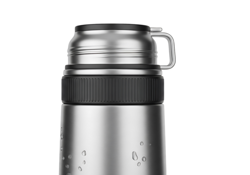 A close-up view of a modern, sleek, stainless steel water bottle with a dark gray rubberized grip on the middle section.