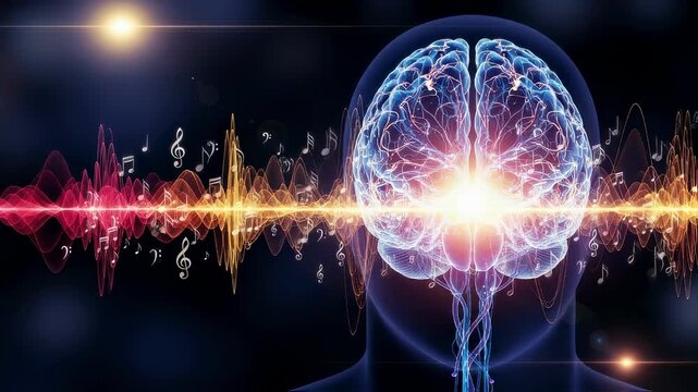 A stylized conceptual illustration of a human brain with glowing neural pathways vibrant sound waves and musical notes visually representing the connection between music