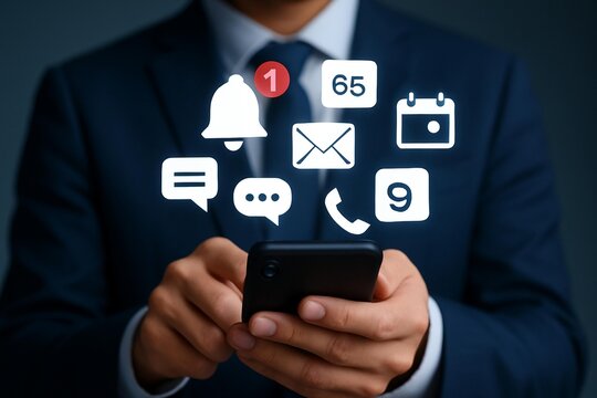Businessman receives multiple digital notifications on his smartphone screen in a close-up shot