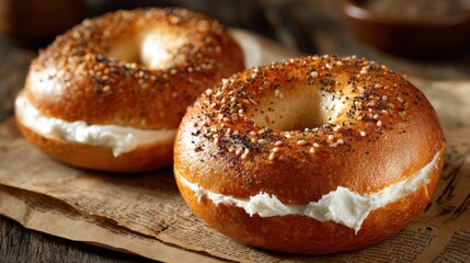 Freshly baked bagels topped with sesame seeds and poppy seeds, filled with creamy cheese, sit on a rustic wooden table, perfect for a morning breakfast experience.