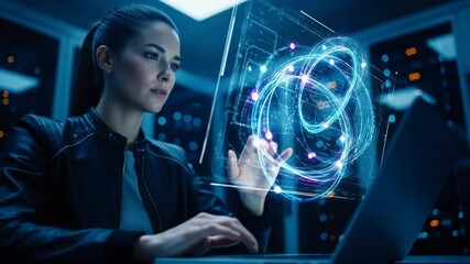 Innovative Woman Analyzing Futuristic Hologram Data in Server Room - Powered by Adobe