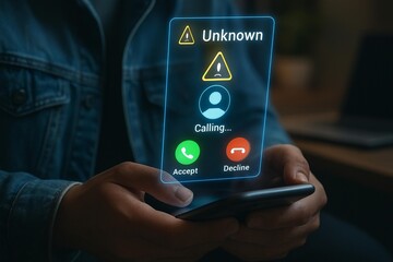 Person receives suspicious incoming call on smartphone showing unknown caller id and warning symbol