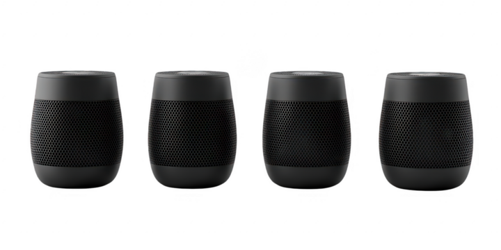 Four speaker units aligned in a row on transparent png background