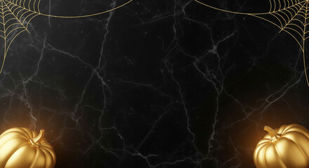 Golden pumpkins and spiderwebs create an opulent Halloween atmosphere on a sleek black marble background, perfect for sophisticated autumn celebrations