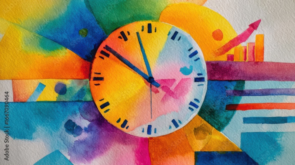 Poster a striking watercolor artwork features a clock designed with vibrant hues and abstract shapes, symbo