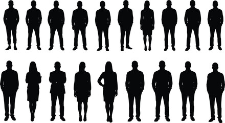 Collection of male and female business silhouettes, modern people standing pose vector set, corporate fashion figures for presentation, advertising, and branding use