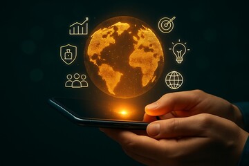 Person holding smartphone with global technology icons and glowing earth visualization