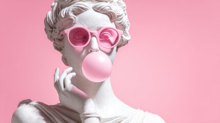 A classical statue wears oversized pink sunglasses and blows a bubble with pink gum. The vibrant pink backdrop enhances the playful contrast of ancient and contemporary styles.