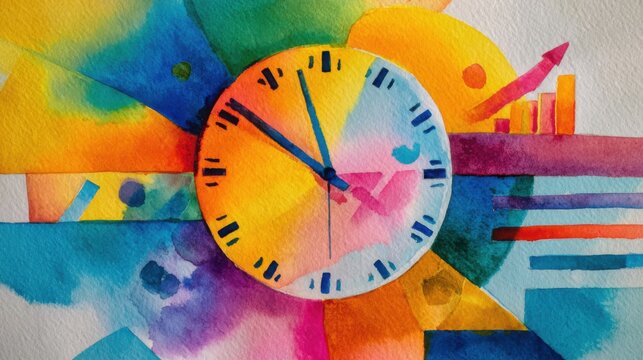 A striking watercolor artwork features a clock designed with vibrant hues and abstract shapes, symbolizing the flow of time in a creative way. - Powered by Adobe