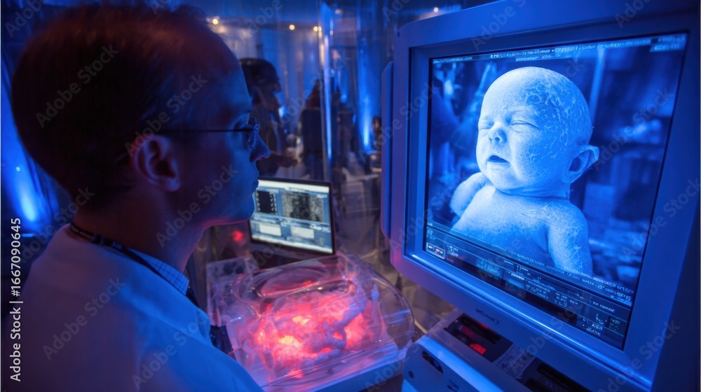 Poster a researcher in a lab coat observes a digital display showing a detailed image of a newborn. the roo
