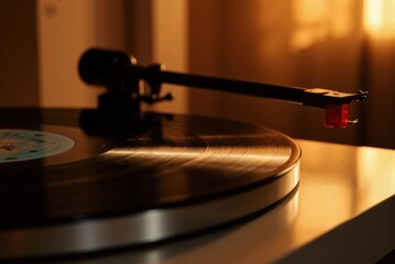 a record player sitting on a table with a light shining on it