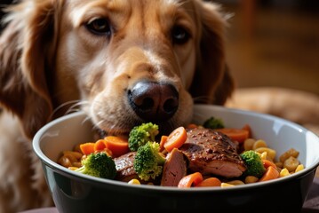 a dog eating a bowl of food with vegetables