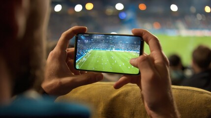 Fans at a soccer match are engaged in the excitement of the game, closely watching the action on both a large screen and their smartphones in a lively stadium atmosphere.