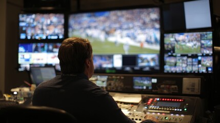 A technician operates broadcast equipment while monitoring various screens displaying a sports game. The control room is busy, ensuring live coverage goes smoothly.
