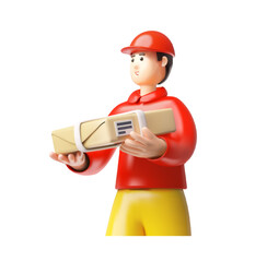 Delivery courier man holding parcel box, 3D vector postman in red uniform carrying package, postal service, half body