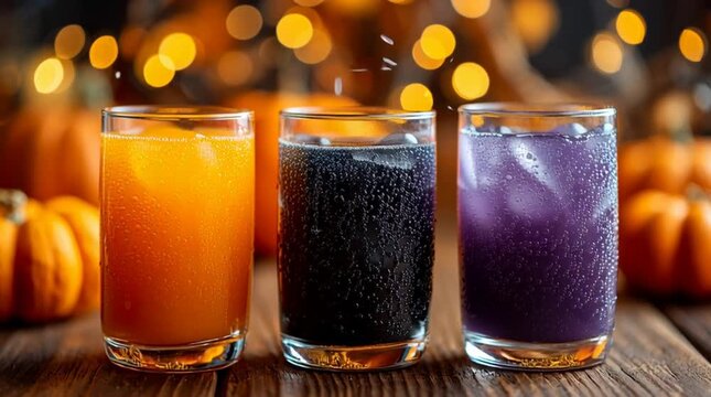 Three colorful drinks in glasses on a wooden table. Orange, black, and purple beverages are displayed with Halloween decorations in the background.