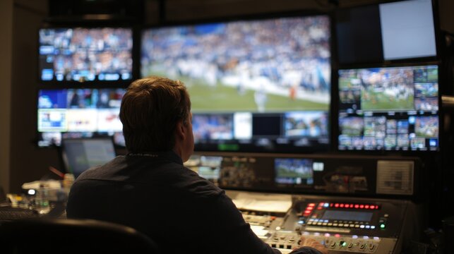 A technician operates broadcast equipment while monitoring various screens displaying a sports game. The control room is busy, ensuring live coverage goes smoothly.
