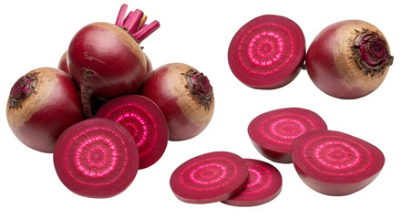 A close up of several whole and sliced beets with a dark background in a studio setting view picture isolated on transparent white background]